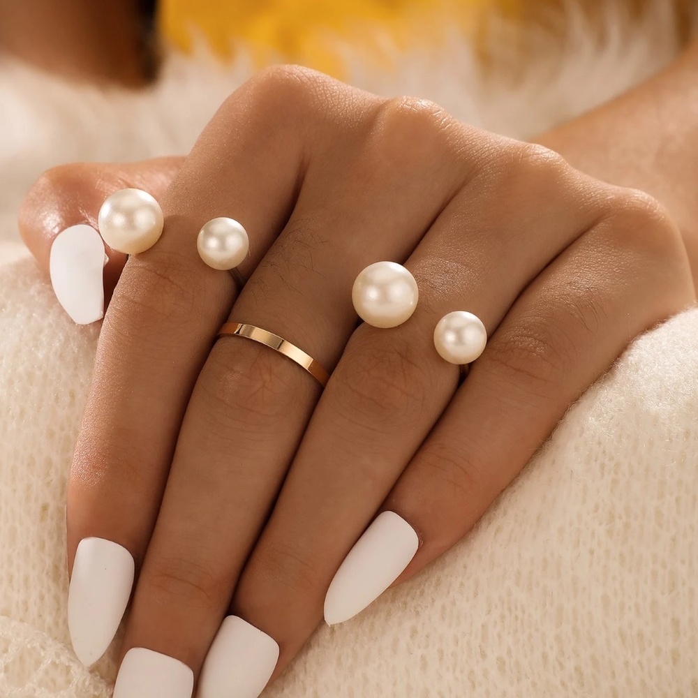Pearl Elegance Ring Set, Double Pearl Ring Set, Pearl Cuff Ring, 3 Ring Set